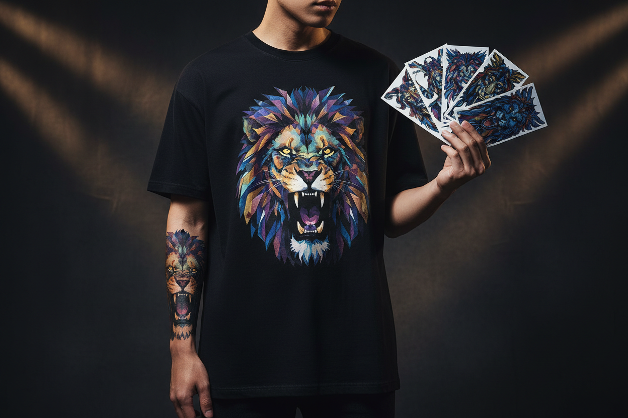 Inkstant – Person with branded tee, tattoo & stickers